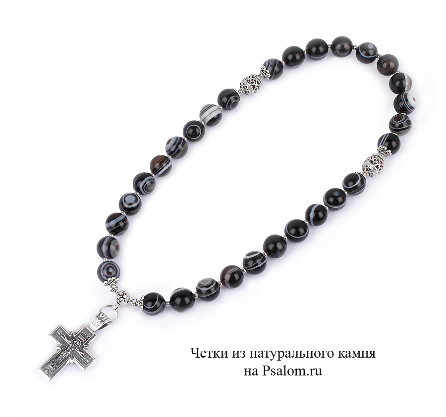 Четки из агата черного, глазкового с крестом