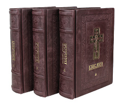 Библия на церковно-славянском языке в кожаном переплёте в трех книгах. Блинтовое тиснение, состаренный обрез. Цвет бордовый.