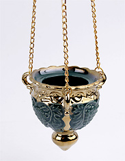 Лампада греческая, подвесная керамическая. Форма "Чаша". Цвет зелёный, обводка золотом.