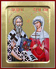 Икона священномученика Киприана и мученицы Иустины. Печать на дереве с ковчежцем.