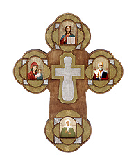 Крест православный, настенный с ликами Спасителя, Пресвятой Богородицы, святителя Николая и Матроны Московской в подарочной упаковке.