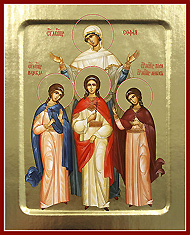 Икона святых мучениц Веры, Надежды, Любови и матери их Софии. Печать на дереве с ковчежцем.