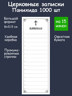 Бланки церковных записок Панихида 15 имён. В коробке 1000 шт.