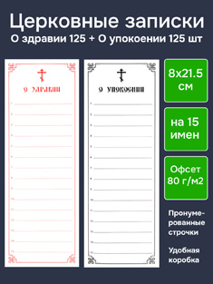 Записки о здравии и о упокоении на 15 имен, 125+125 с нумерацией строк