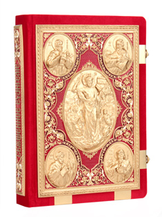 Евангелие напрестольное в бархате с  накладками. вставкой из полимерного композита с росписью. Цвет красный.