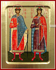 Икона святых юлаговерных князей Бориса и Глеба. Печать на дереве с ковчежцем.