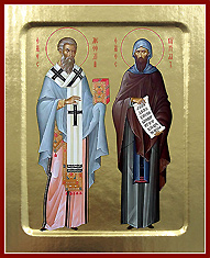 Икона святые, равноапостольные Кирилл и Мефодий. Печать на дереве с ковчежцем.