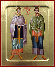 Икона святые бессеребрянники Косьма и Дамиан. Печать на дереве с ковчежцем.