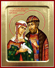 Икона святых благоверных князей Петра и Февронии Муромских с голубкой. Печать на дереве с ковчежцем.