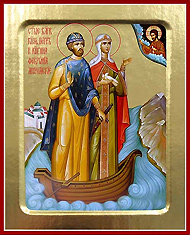 Икона святых благоверных князей Петра и Февронии Муромских. Печать на дереве с ковчежцем.