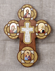 Крест православный, настенный с ликами Спасителя, Пресвятой Богородицы, святителя Николая и Ангелом Хранителем в подарочной упаковке. Распятие серебряное.