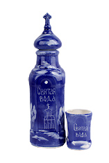 Керамический сосуд для святой воды с чашечкой. Форма храм с куполом. Рисунок "Крещенская Ночь". Цвет синий.