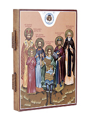 Икона "Собор святых Димитриев". Многоцветная, печать светостойкими красками. Доска со шпонками. (10 см*14 см* 2,0 см).