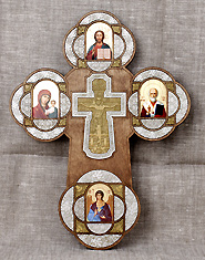 Крест православный, настенный с ликами Спасителя, Пресвятой Богородицы, святителя Николая и Ангелом Хранителем в подарочной упаковке. Распятие золотое.